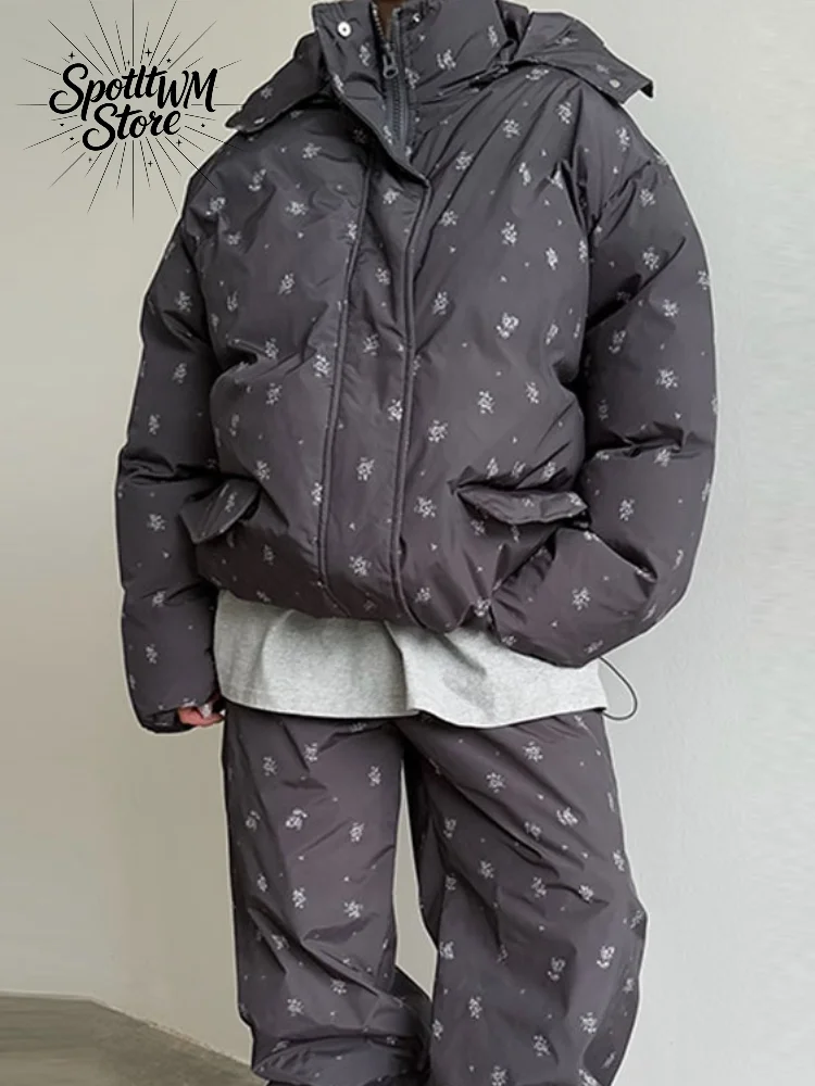 Women Printed Hooded Padded Jacket Loose Long Sleeve Elastic Drawstring Hem Female Coat 2026 Autumn Winter Casual Outfits