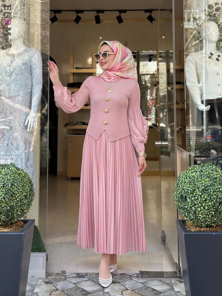 

EGRM 2026 Новинка: Модный плиссированный комплект из двух предметов с V-образным вырезом, лоскутным дизайном, эластичной талией, однотонный, с юбкой А-силуэта, женская одежда 9R5103