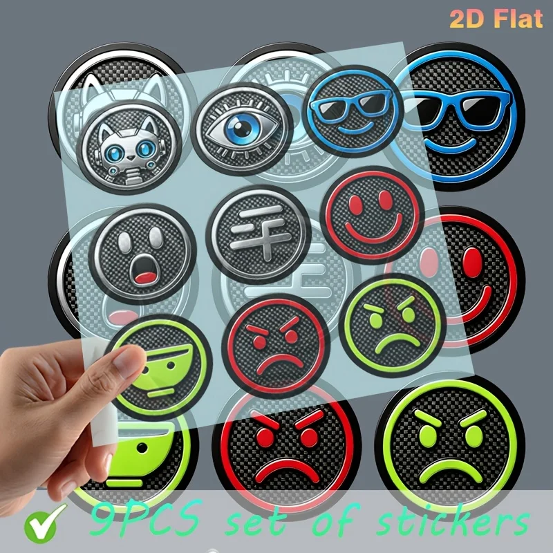 9Pcs 2D Flat Carbon Fiber Texture Emoji Waterproof Stickers Cat Eye Glasses Round Decals Holiday Gift For Car Laptop