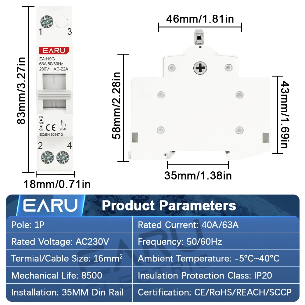 EARU 1P 40A 63A AC 230V Din Rail Modular MTS Dual Power Manual Transfer Switch Isolating Disconnecting Switch Circuit Breaker