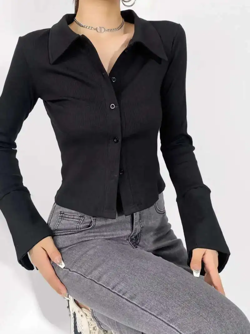 Autumn New Light Mature Polo Collar Single Breated Flared Sleeve Shirt Women Cinching Waist Solid Slim Casual Top AUHB