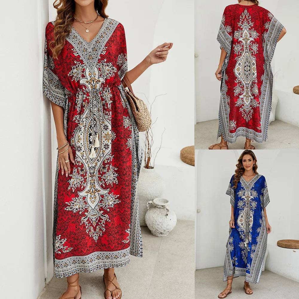 Bohemian Women\'s Long V Leader Pullover Dress Beach Dress Bikini Sunscreen Beach Cover Up Fashion Style Loose Casual Long Dress