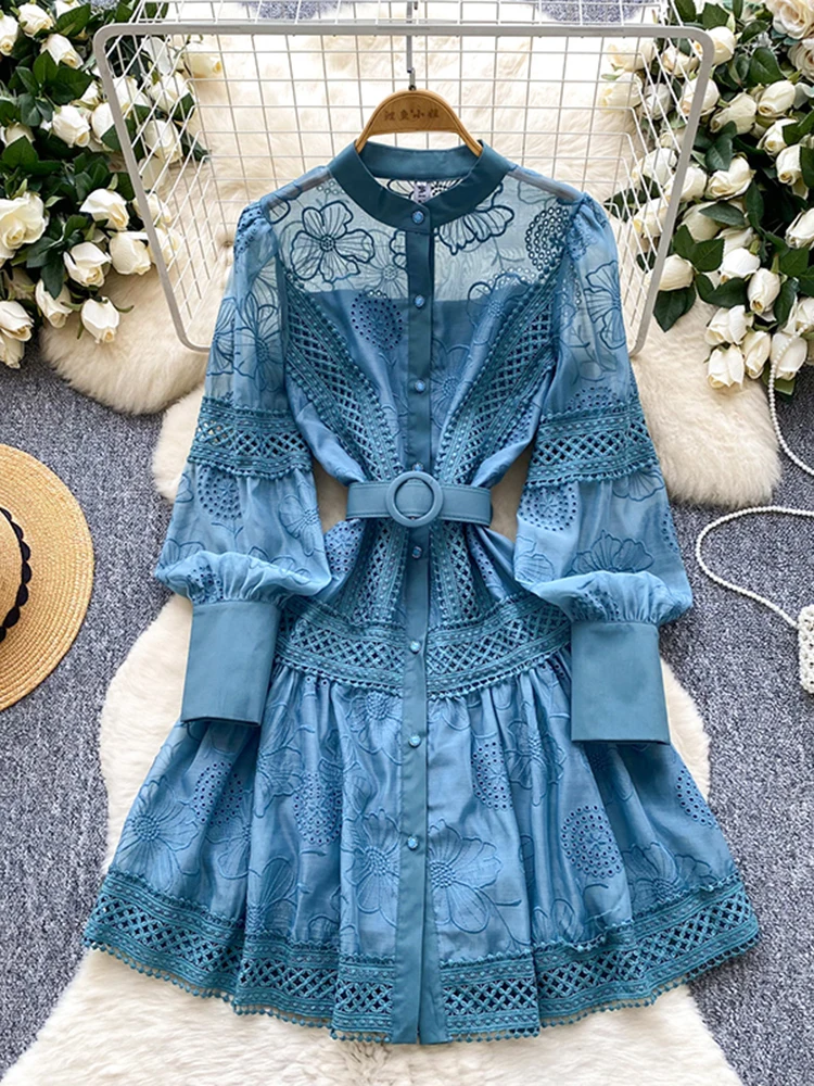 春秋フレンチレトロパーティー長袖ミニドレス女性の刺繍レースシングルブレストウエスト誕生日ドレス S125