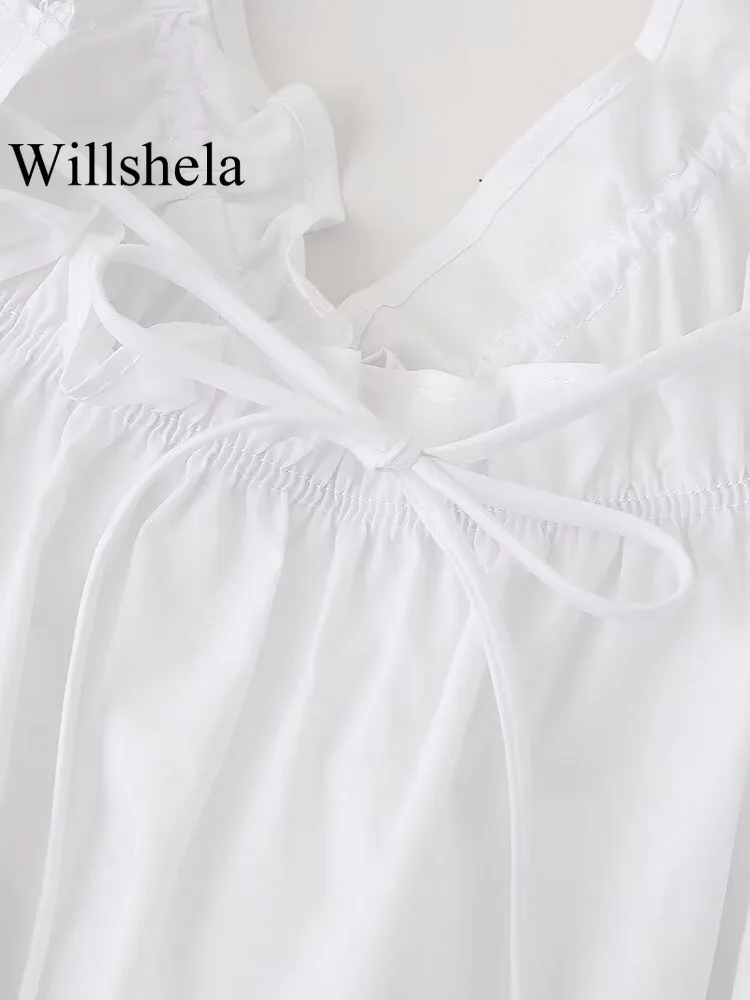 Willshela Women Fashion White Pleated Backless Bow Lace Up Cropped Tops Vintage Thin Straps V-Neck Female Chic Lady Crop Top