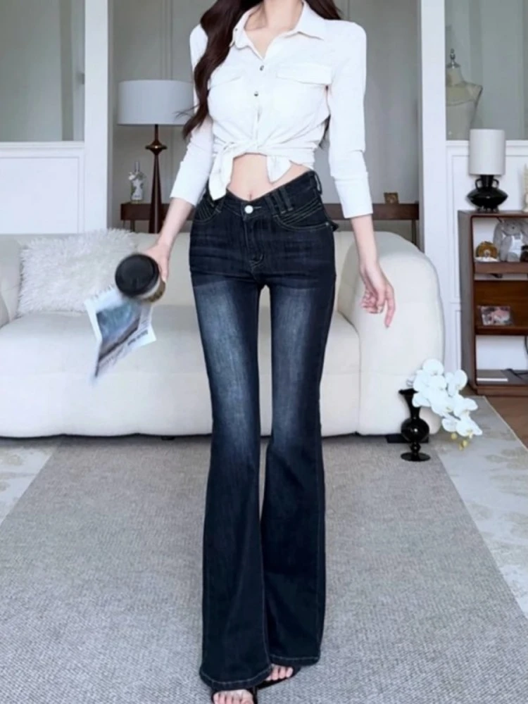 

Low Waist Retro Hong Kong Style Denim Jeans Women's Slim Fit Micro Flared Pants Weathered Slimming Floor Length Trousers