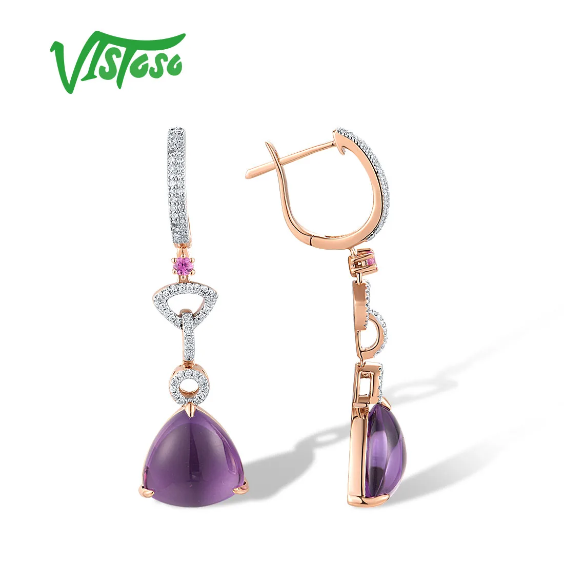 VISTOSO Genuine 14K 585 Rose Gold Drop Earrings For Women Sparkling Diamond Elegant Amethyst Pink Sapphire Wedding Fine Jewelry