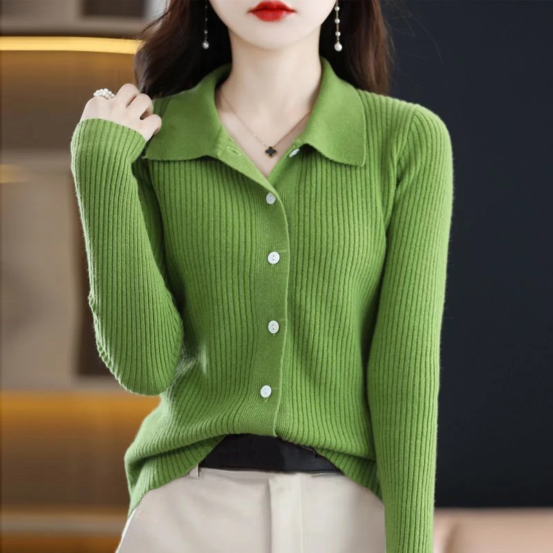 Autumn Winter 2022 New Polo Collar Slim Ladies Tops Fashion Casual Long Sleeve Chic Sweet Buttons Knitted Cardigan Sweater Women