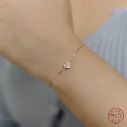 925 Sterling Silver Plated 14k Gold Pavé Zirconia Pulseira Coração para Mulheres, Delicadas Jóias, Jóias de Pulso Coreano