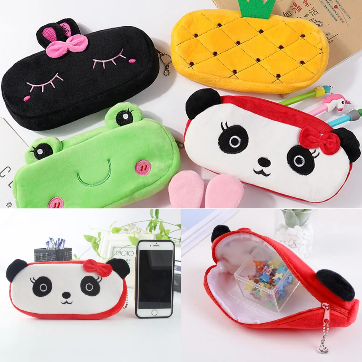 1pc Plush Animal Pencil Case Pen Pouch Kawaii Cartoon Panda Bear Zipper Bags Cosmetic Make Up Organizer Pouch School Office