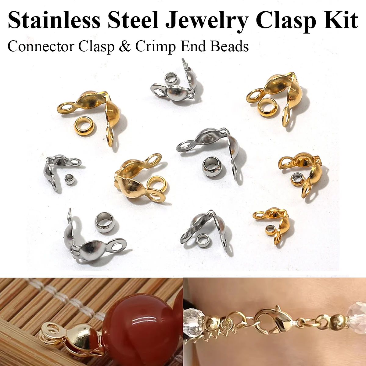 Complete Jewelry Clasp Kit - Stainless Steel Crimp Beads Wire Protectors Lobster Clasps & Cord Ends for DIY Beading Gold/Silver