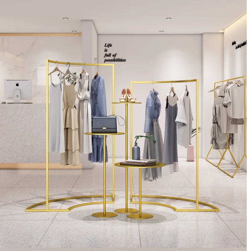 

Floor hanging clothes rack, women's clothing store, golden semi-circular arc-shaped middle island rack, high and low shelves