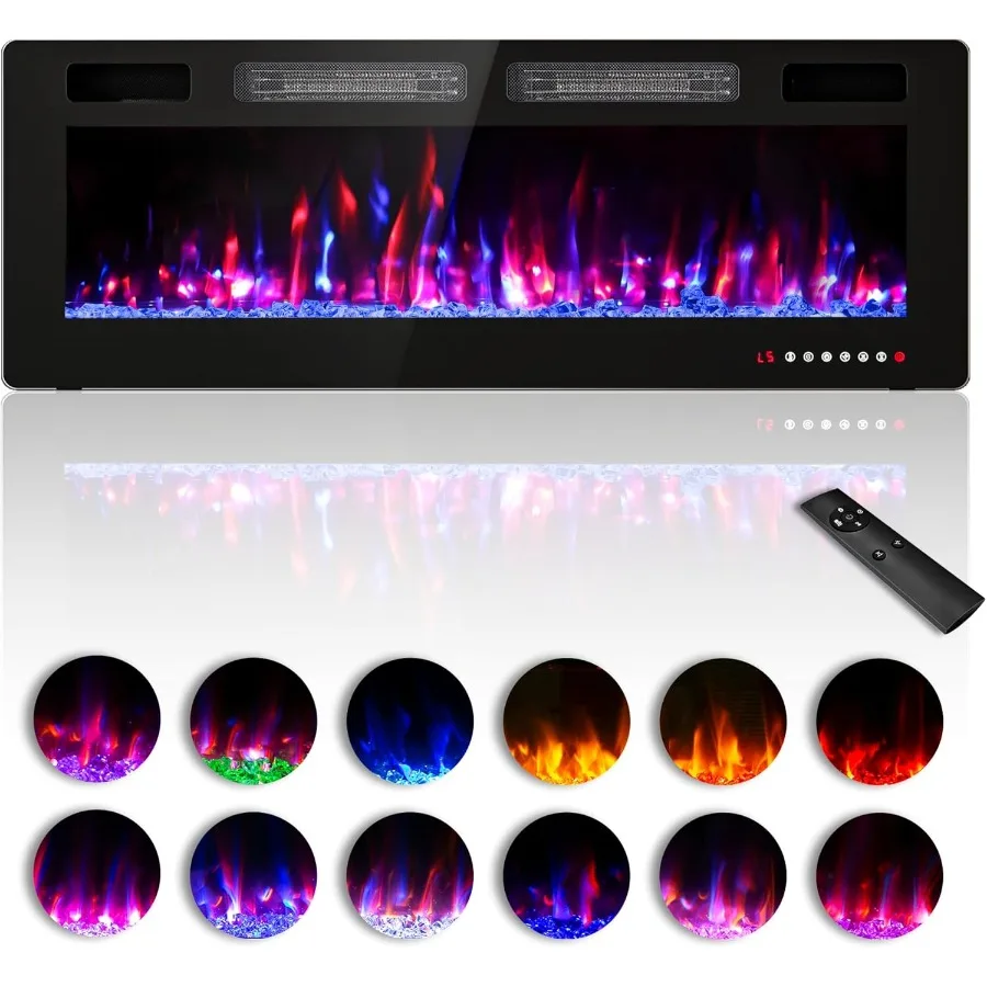 50 inches Electric Fireplace for Living Room Wall Mounted with Remote Control Timer Dimmer 12 Flame Colors 750 1500W Ultra Thin