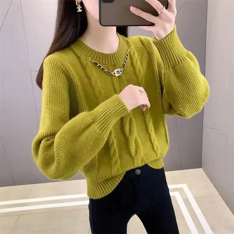 Autumn and Winter Women's Solid O-Neck Long Sleeves Loose Thick Pullover Screw Thread Chain Korean Fashion All-match Tops