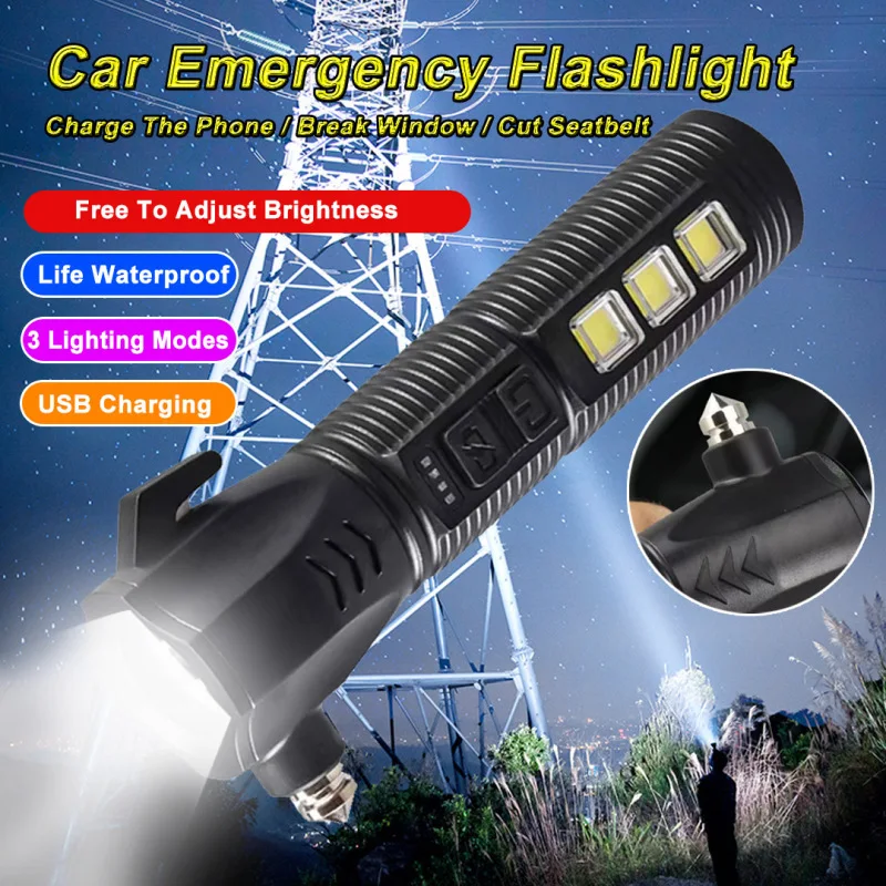 

Multifunctional window breaker flashlight work light emergency escape hammer trace function