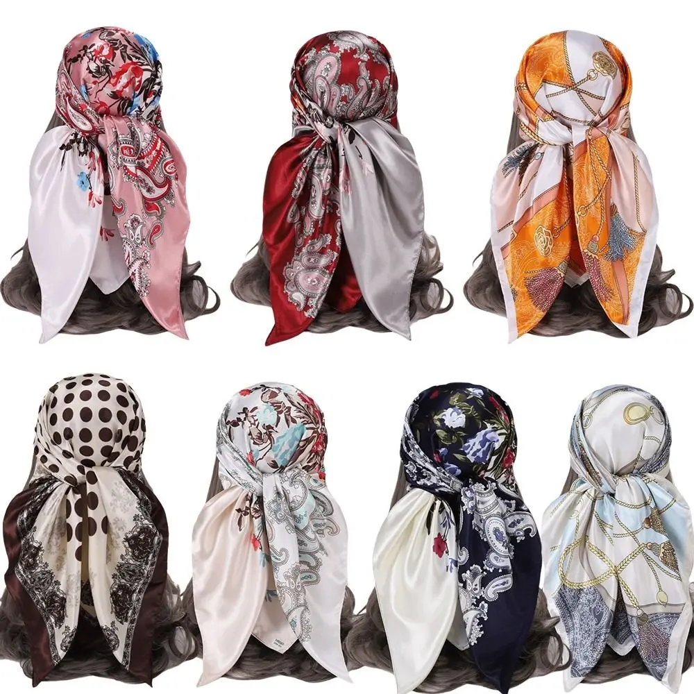 

Trendy Satin Head Scarf 90x90cm Sun Protection Silk Scarves Fashion Accessories Vintage Square Scarf for Women