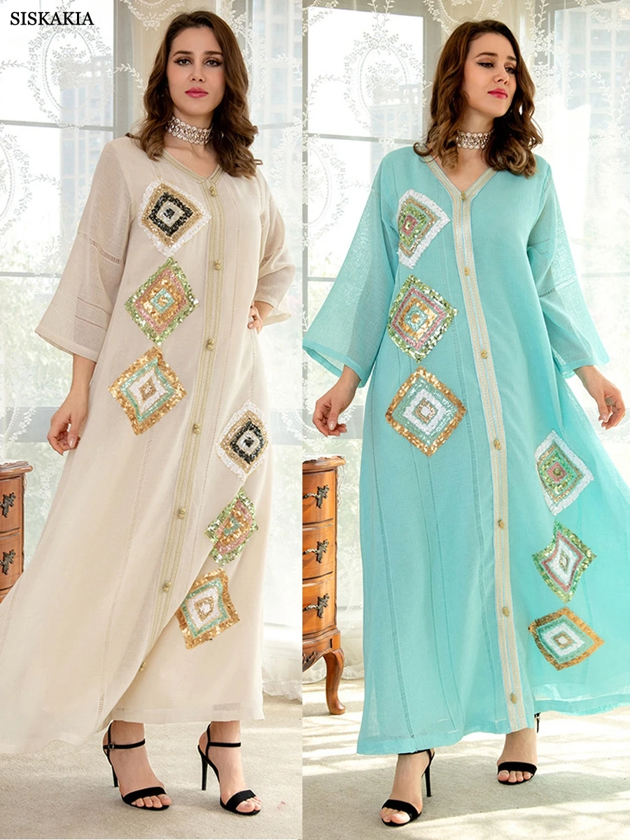 Cotone canapa paillettes ricama abito Abaya per le donne modesto arabo musulmano caftano marocchino Dubai Robe Corban Eid al Adha Gown 2023