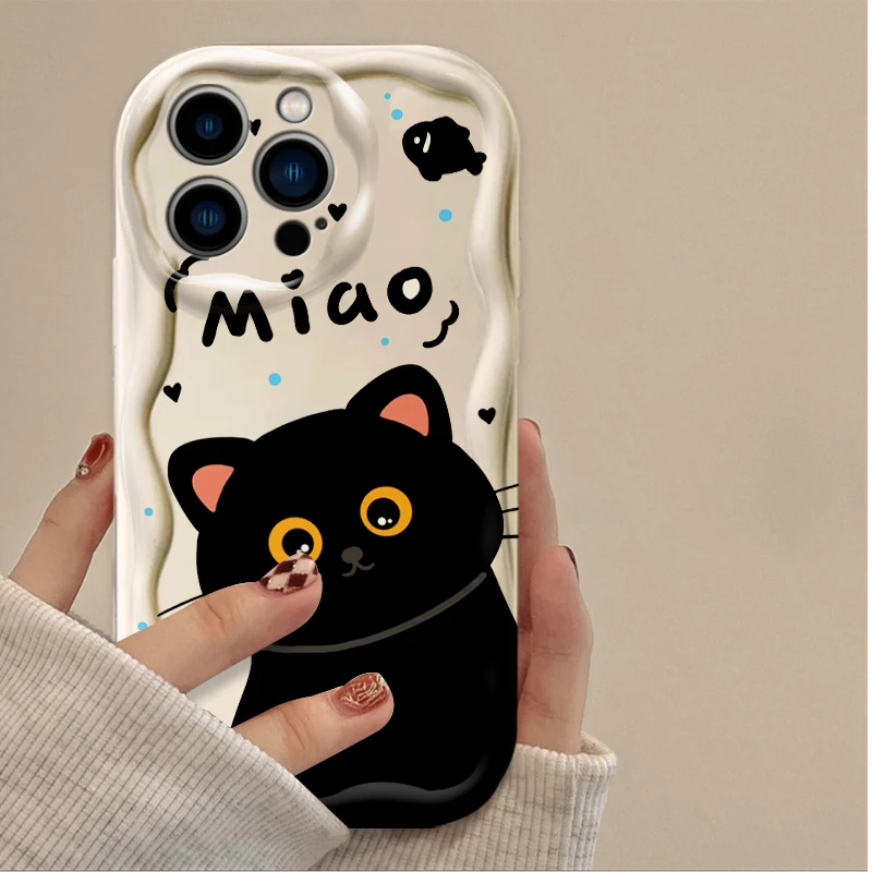 Creative Black Cat Cartoon Wavy Phone Case for IPhone 17 16 15 14 13 12 11 Pro Max Plus 17Air 16E XR XS X 7 8 Shockproof Cover