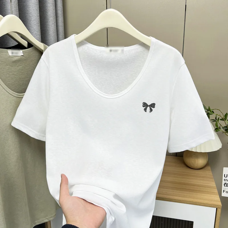 

2025 Summer Top New 100kg Casual Small Fresh U Collar Snow Cotton Hot Drilling Bow Short Sleeve Women T-Shirt 2502