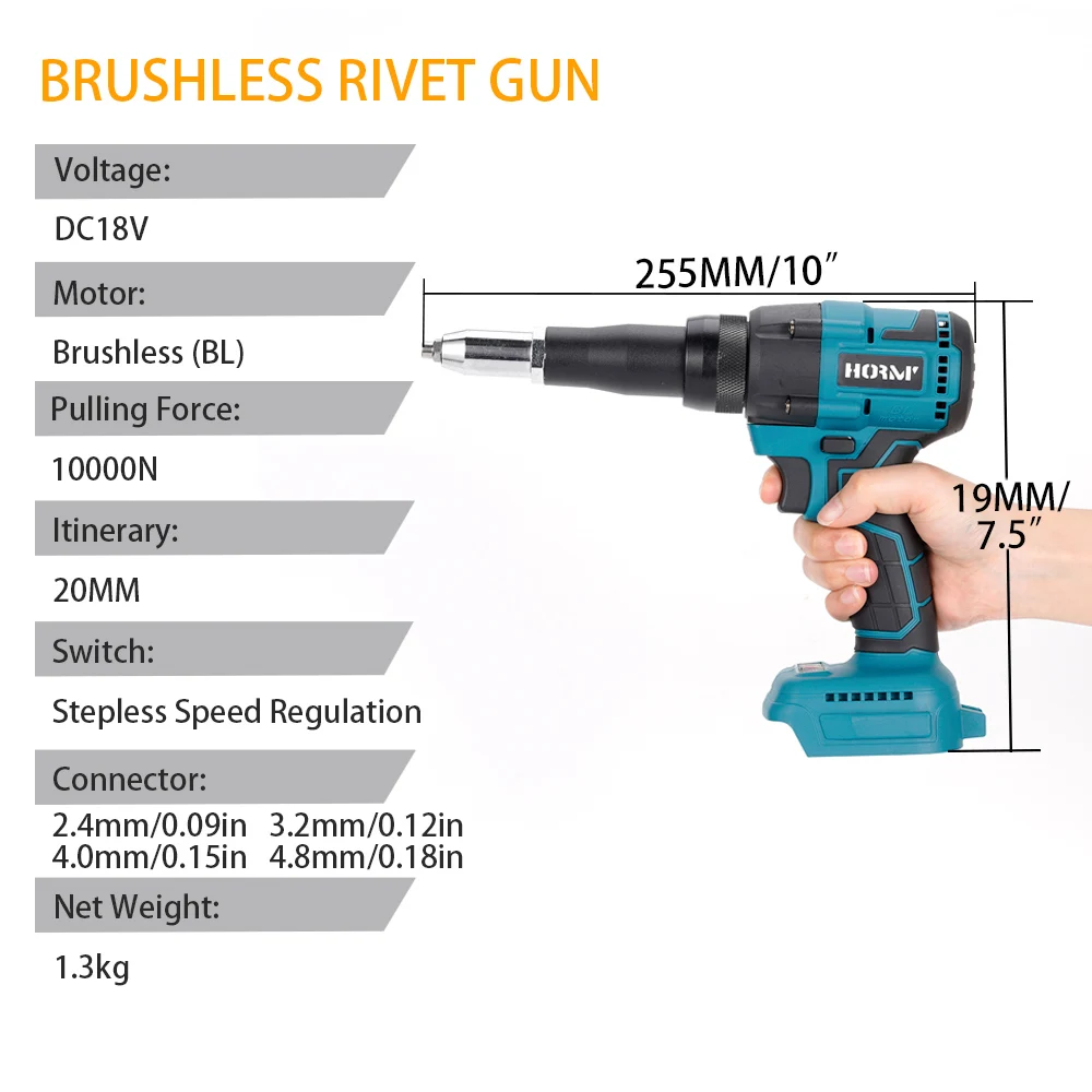 Hormy-Cordless Electric Rivet Gun, sem escova, sem fio, recarregável, Rebitagem automática, ferramenta de perfuração para Makita, bateria 18V