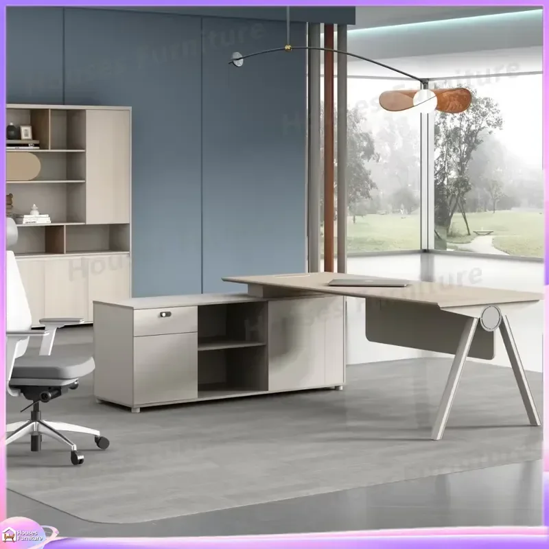 Modern Executive Desk with Side Cabinets Wood Veneer Finish Luxury Home Office Furniture Large Computer Workstation Storage