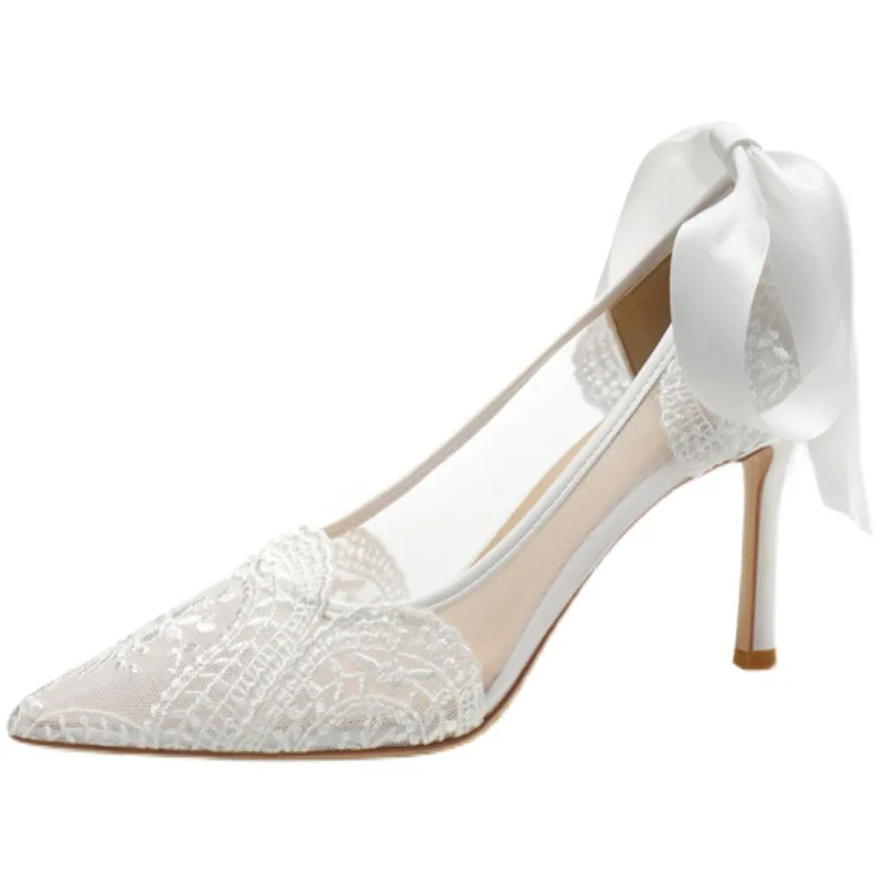 

French Wedding Shoes Lace Bridesmaid Shoes White Pointed High Heels Women's Stiletto Design Niche Bridal Shoes