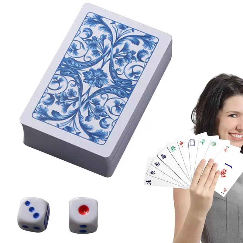 Waterproof Mahjong Cards 144Pcs Blue And White Porcelain Style Mahjong Solitaire Playing Poker Cards PVC Entertainment Tool