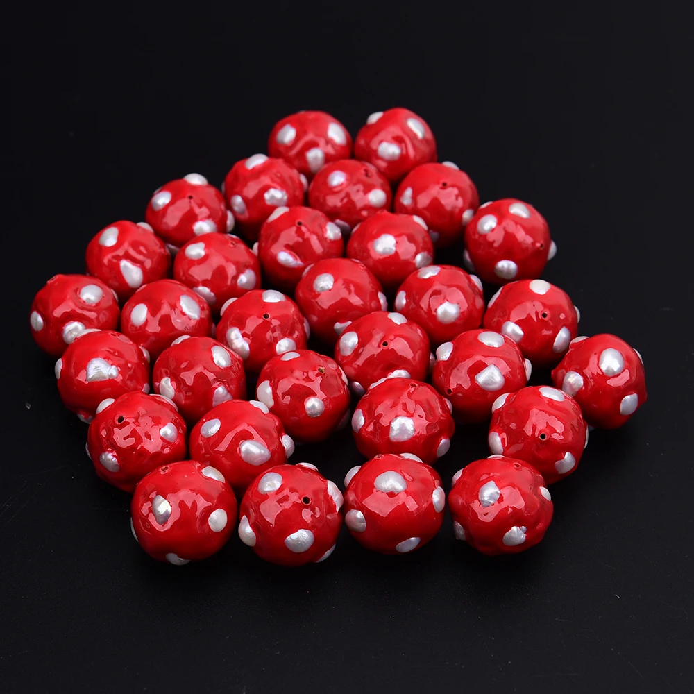 

APDGG 10 Pcs 20mm Cultured White Pearl Paved Red Enamel Loose Beads Jewelry making accessories