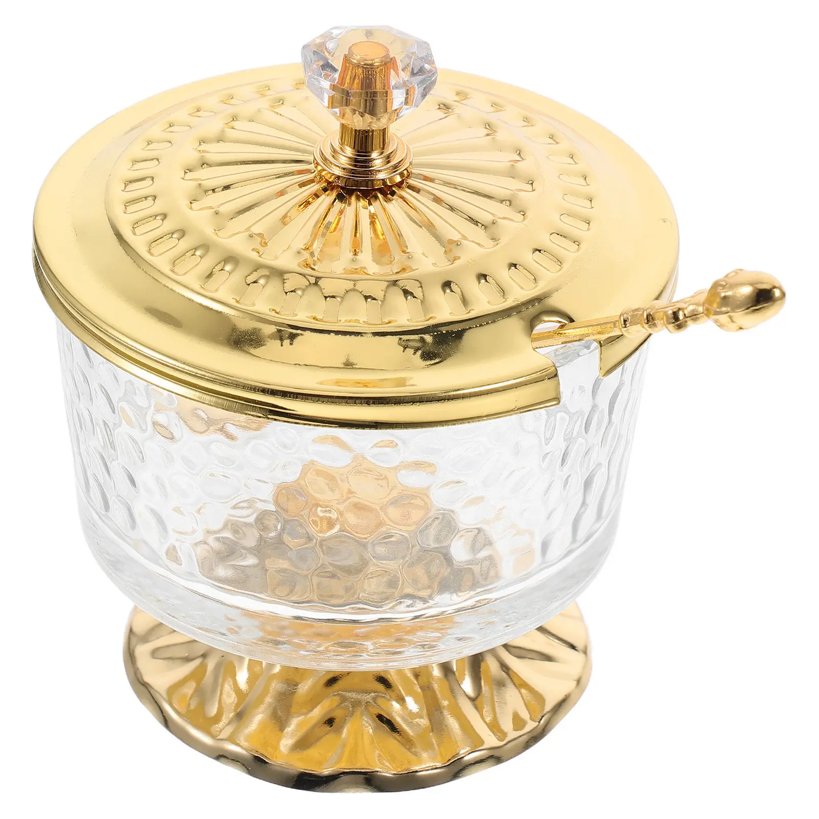 Clear Glass Sugar Bowl with Lid Vintage Iron Frame Serving Spoon Decorative Salt Pot Pepper Jar Seasoning Container Kitchen
