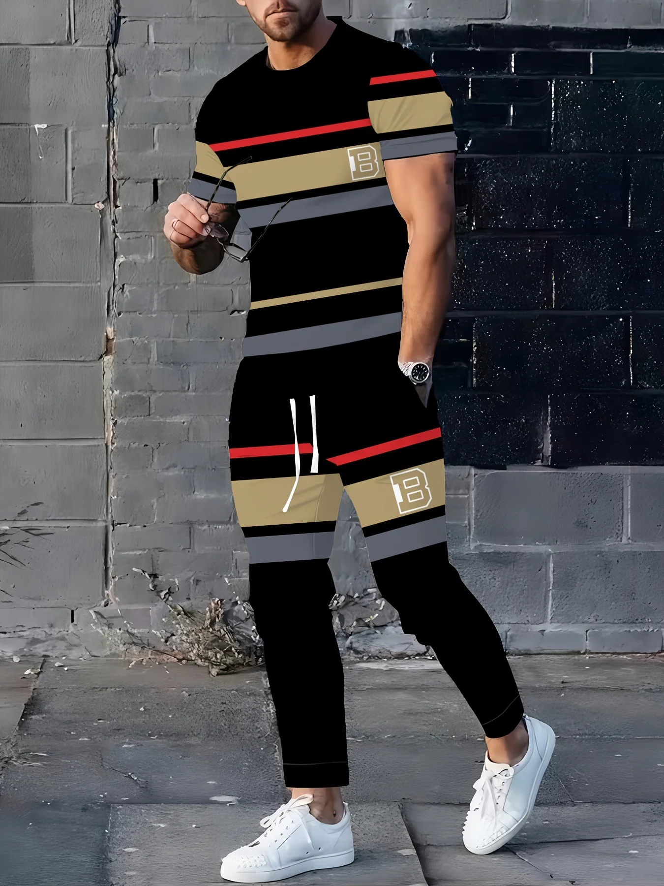

2025 new men's striped patchwork printed breathable round neck T-shirt and pants set outdoor micro elastic casual wear