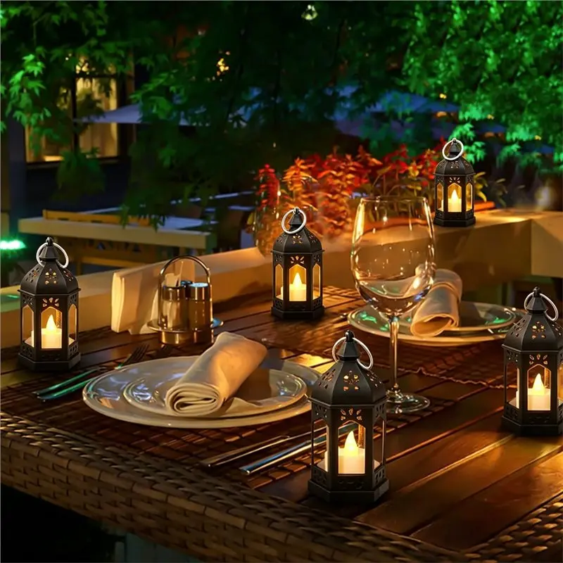 TKOH-6 Mini Lantern With Flickering LED Candles,Vintage Black Decorative Hanging Candle Lanterns For Halloween,Wedding