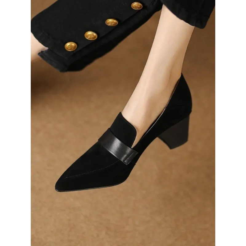 حذاء بدون كعب من الجلد الناعم للنساء بكعب سميك، قدم واحدة واسعة ومضادة للانزلاق وقصة عميقة وكعب عالٍ بمقدمة واحدة #4