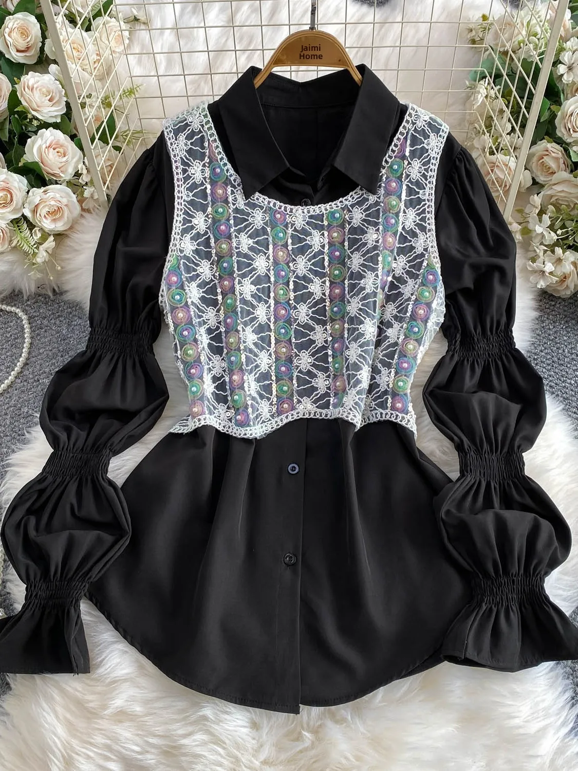 Elegant Gradient Color Mesh Lace Beaded Vest Top Lantern Sleeve Blouse Commute Style Women's Fashion Summer Shirt