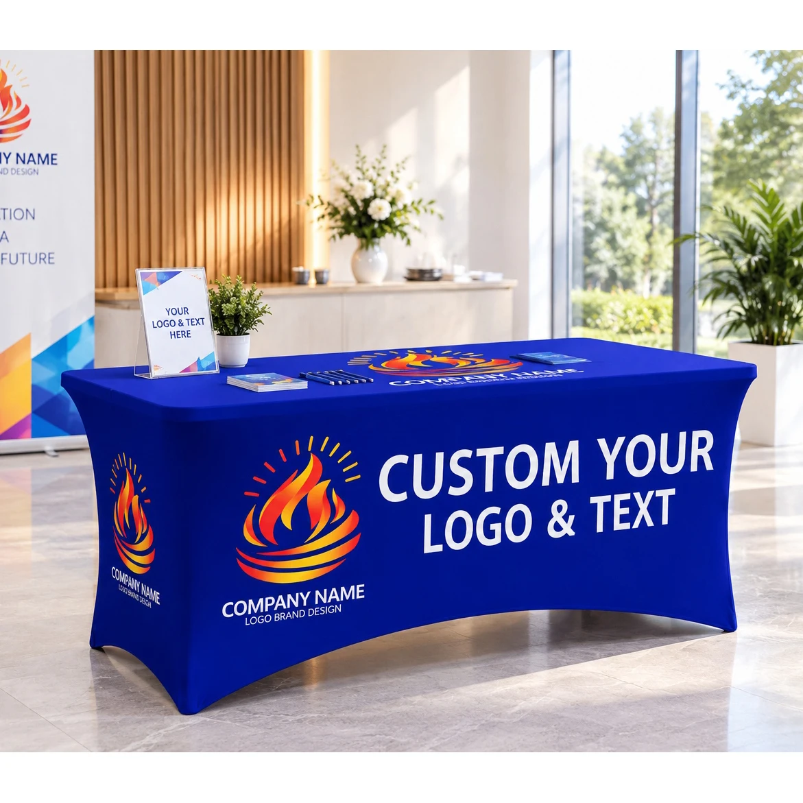 Fully-covered tablecloth with customizable patterns, allowing for logo upload, suitable for business promotion and parties