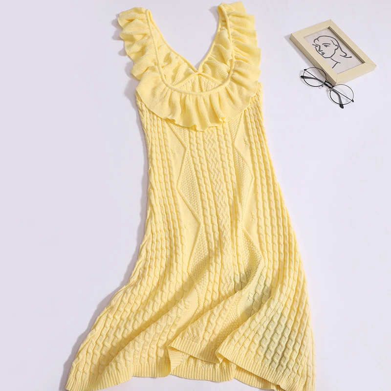 Gagarich 2024 Summer New Style Knitting Ruffle Shoulder One-piece Dress Sweet Spicy Fried Dough Twists Suspender Dresses Women