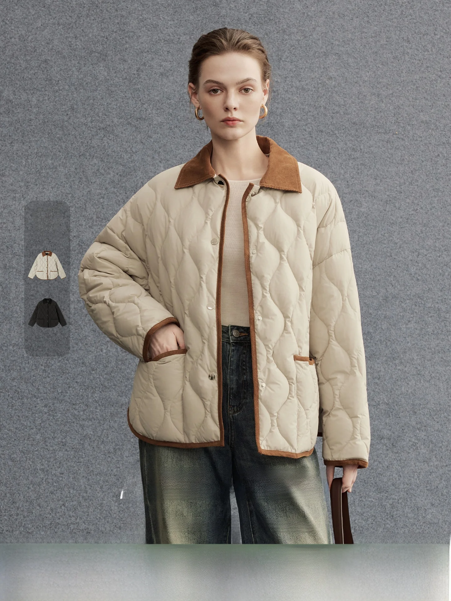 

Miiine Retro Corduroy Patchwork down Jaet Du Feather Warm Loose Outerwear Sewn Design Gourd ape Faion Ladies Coat