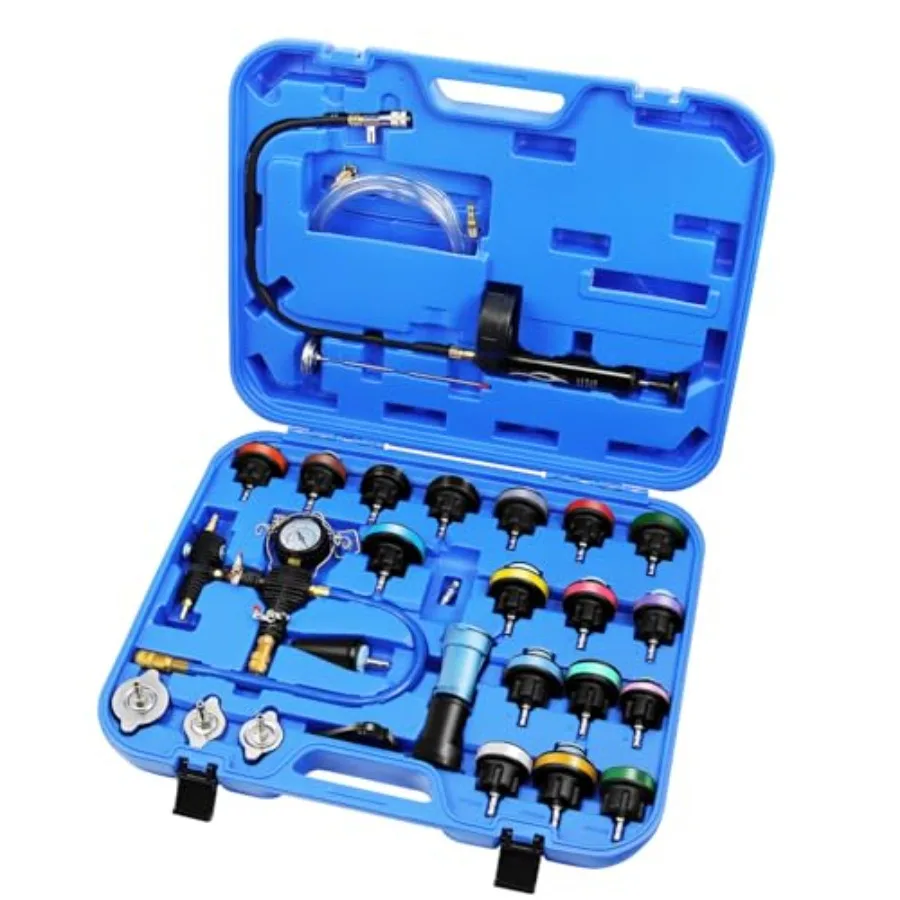 

Radiator Pressure Leakage Tester Vacuum Cooling System Purge Coolant Refill Tool Kit 28PCS Universal Automotive Water Tank Leak