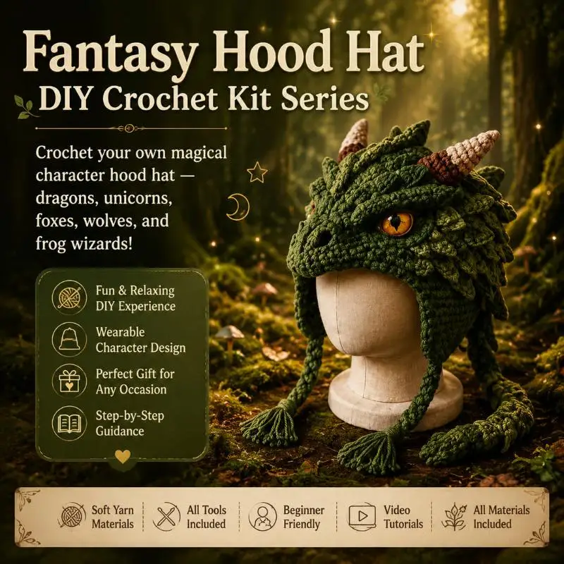 Crochet Mystic Wolf Hood Hat DIY Kit Complete Material Pack Step Tutorial for Handmade Gift Home Decor