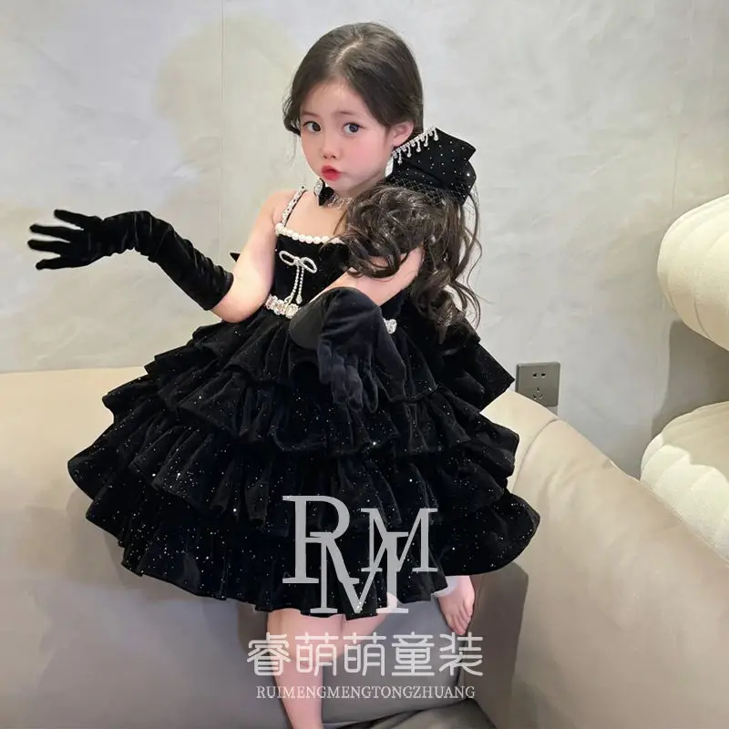 Baby Girls Summer Black Sweet Lolita Shiny Princess Ball Gown Layed Cake Dress Backless Sundress Birthday Wedding Clothes