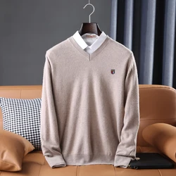 Soft Warm Pullover Cashmere Sweater Men's V Neck Thickened Classic Tops Autumn Winter New Casual Solid Color Knitted Pullover