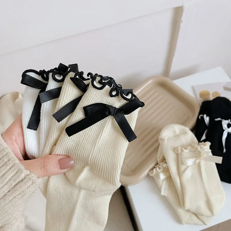 Calcetines japoneses JK de tubo medio atados con lazo para mujer, calcetines informales con lazo en el talón, calcetines blancos y negros, calcetines deportivos de algodón para niñas