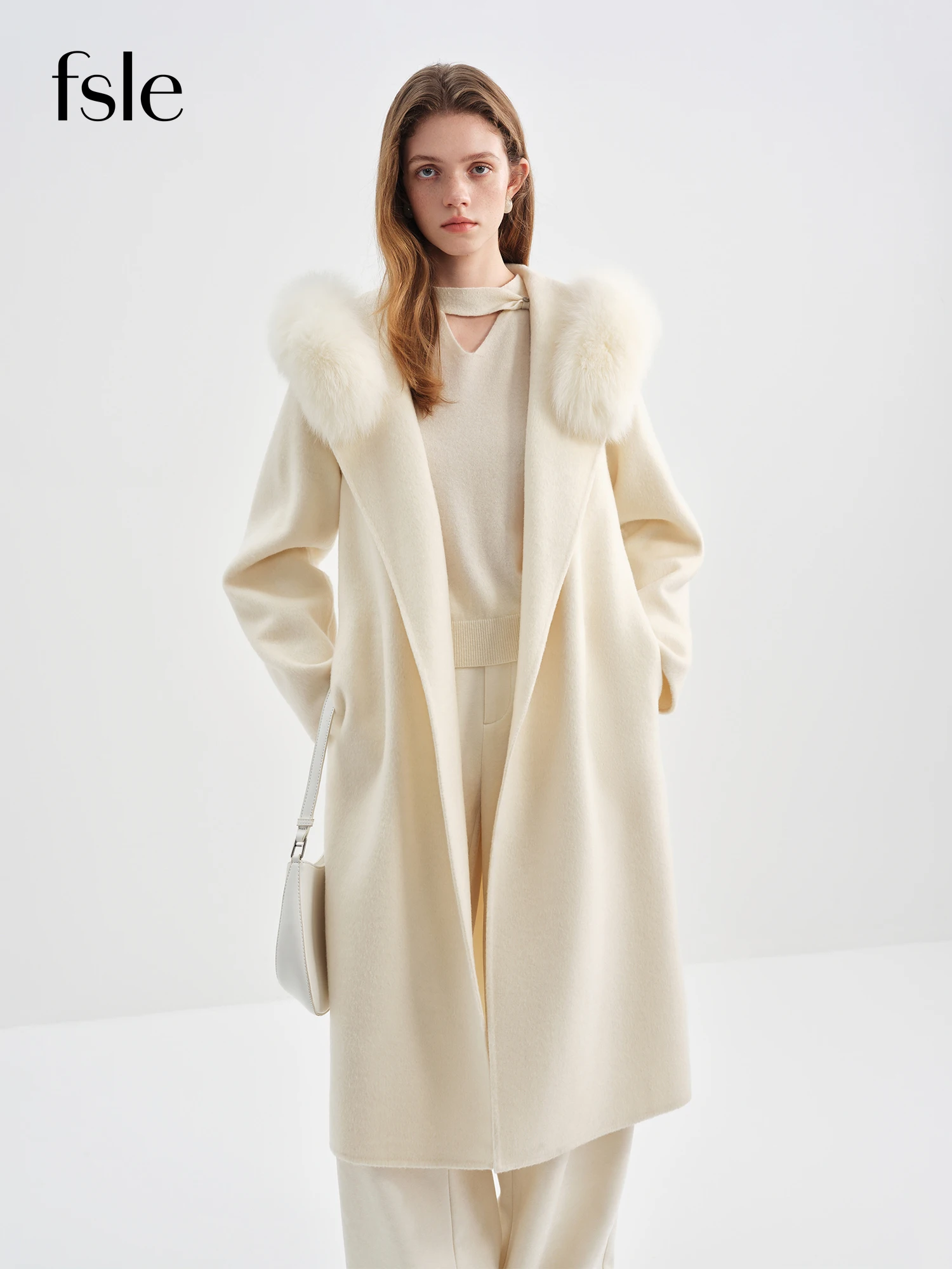 FSLE 2025 Winter Women's Fox Fur Hooded Double Faced Wool Coat Long Plush Outerwear Vintage Elegant Warm Wool Coat Soft Coat