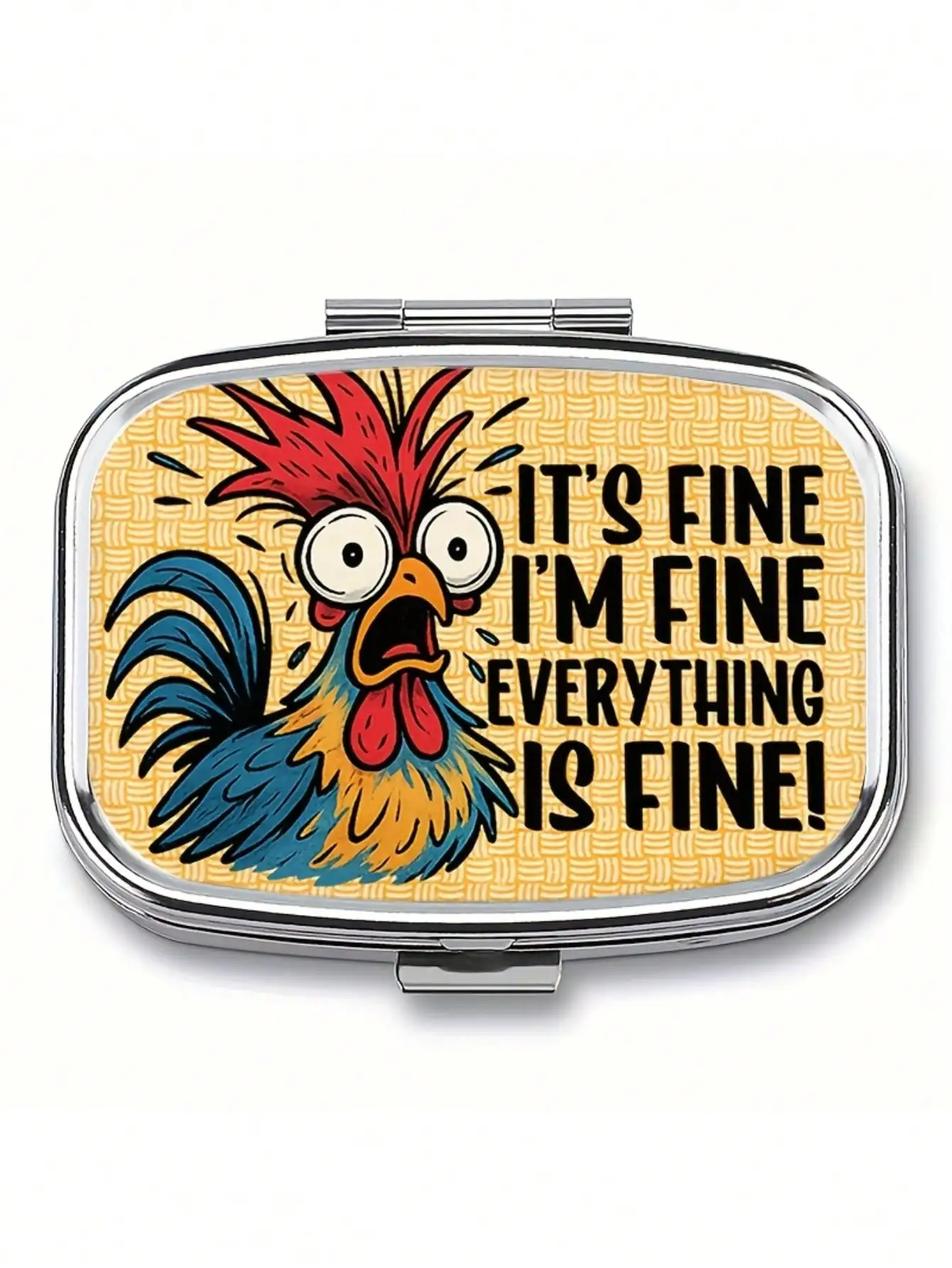 This humorous pill box features the slogan 
