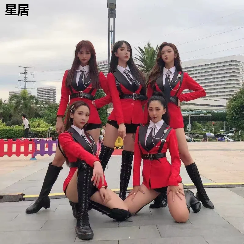 Kpop Women Group Sexy Outfits Jazz Dancewear Concert Dancer Cheerleader Red Blazers Hip Hop Slim Black Shorts Club Stage Costume
