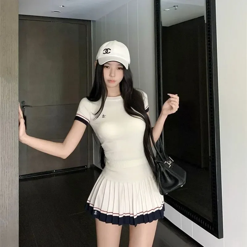 Korean Summer Two-piece Suit Casual Tennis Golf Sports Suit Slim-fit Slimming Short-sleeved Top and Skirt College Golf Clothing