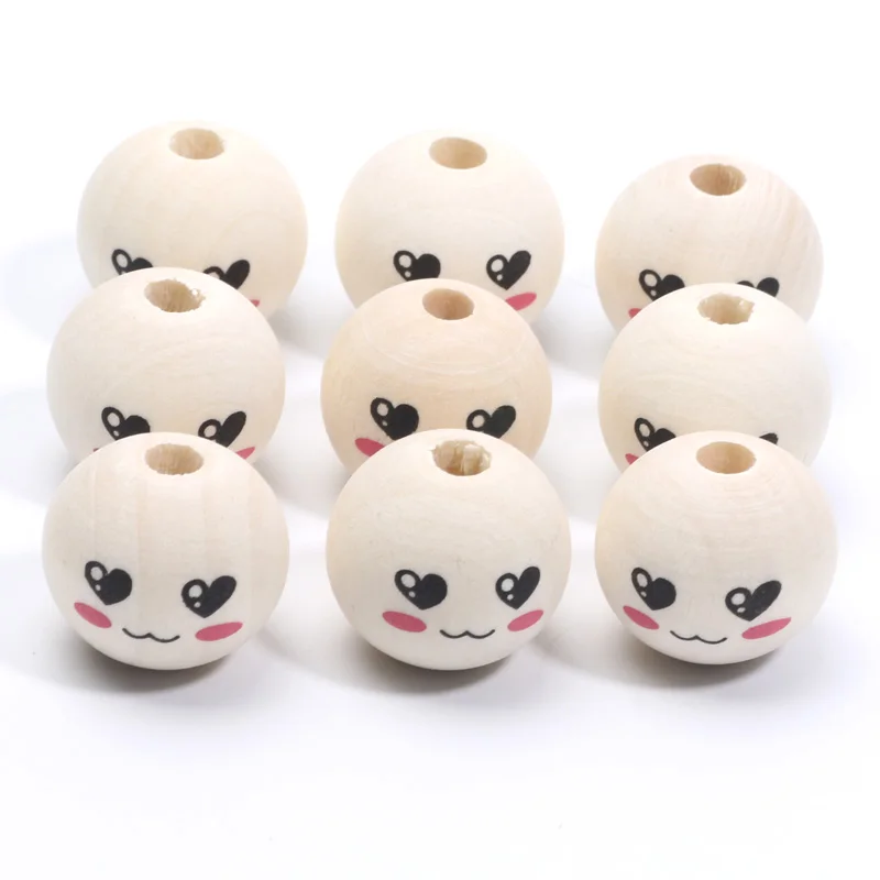 

20mm 10pcs Round Natural Wood Beads 15Style Smiling Wooden Ball Loose Beads For Jewelry Making Handmade Craft Diy Supplies