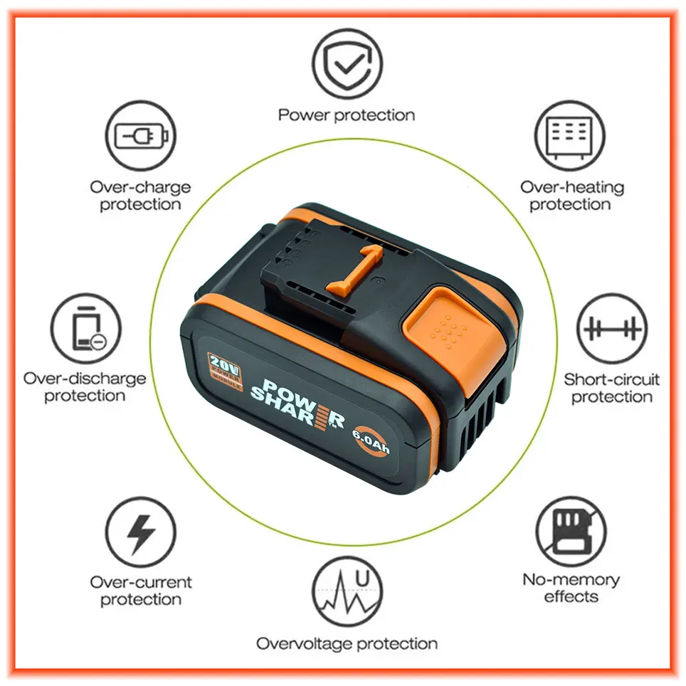 100% Original Worx WA3553 20V 6.0Ah Battery Cordless Power Tool Spare Batteriies WA3572 WA3553 WX390 WA3551 WX176 WX178 Battery