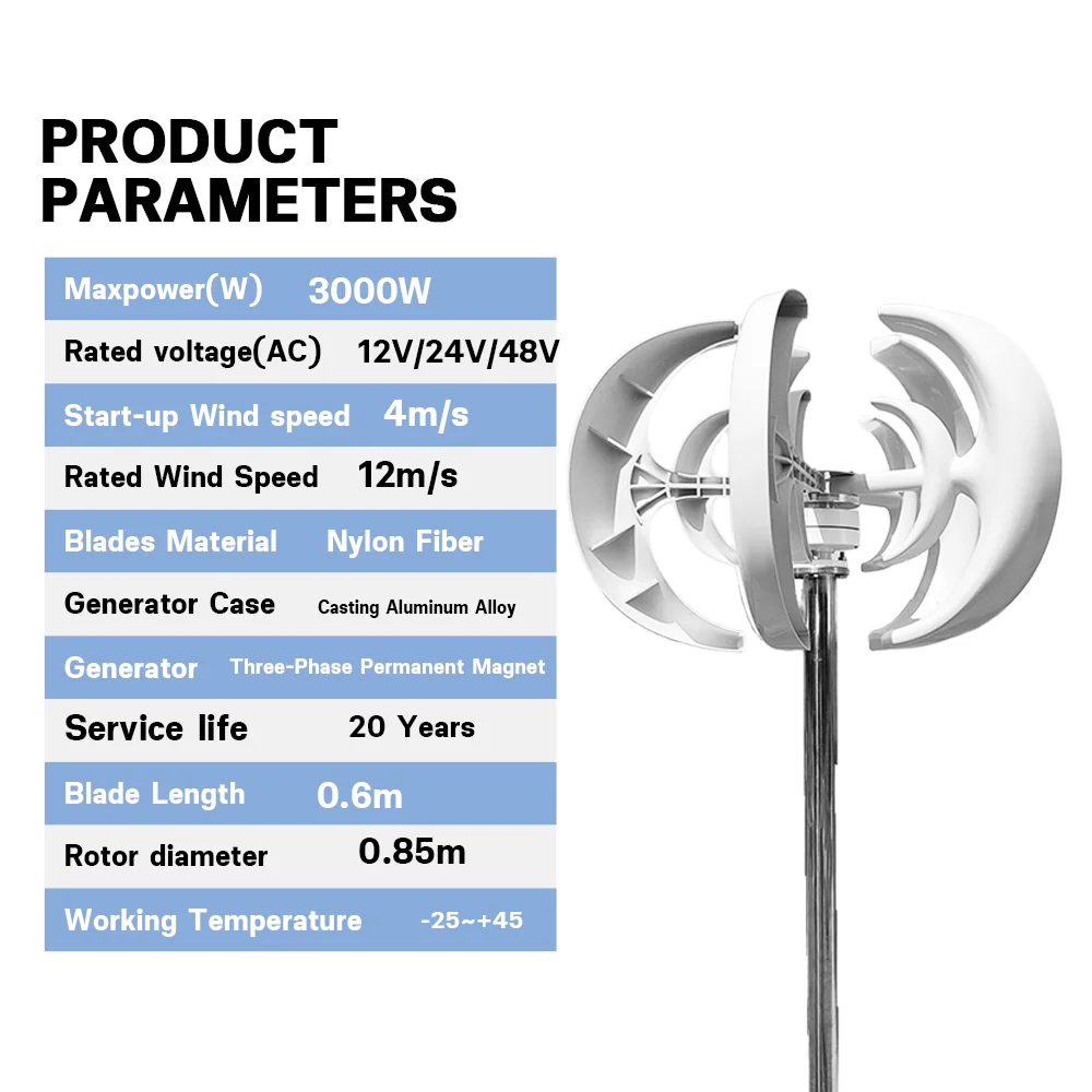 3000W 12V/24V Wind Turbine Generator Lantern Vertical Axis Motor Kit With Solar Panels Battery 220V Inverter Vevor Home System