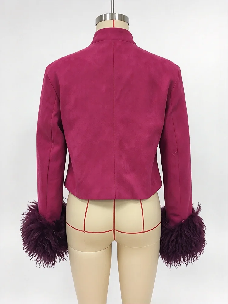 Vintage Damen Cropped Jacke mit Flauschigem Pelzmanschetten-Design, Kleiner Stehkragen, Einreihig, 2026 Neues Herbst-Winter-Street-Outfit – Detail 2