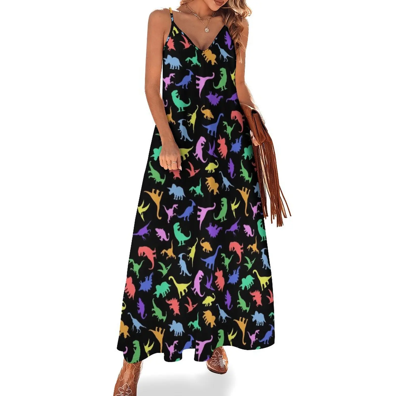 

Fun Dinosaur Pattern (Black Background) Sleeveless Dress Evening dresses Evening gown