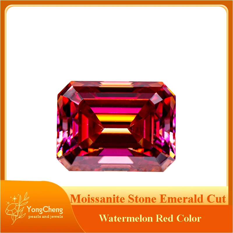 

Moissanite Stone Watermelon Red Color Emerald Cut Lab Grown Diamond Charms Ring Necklace Earrings Main Materials GRA Certificate